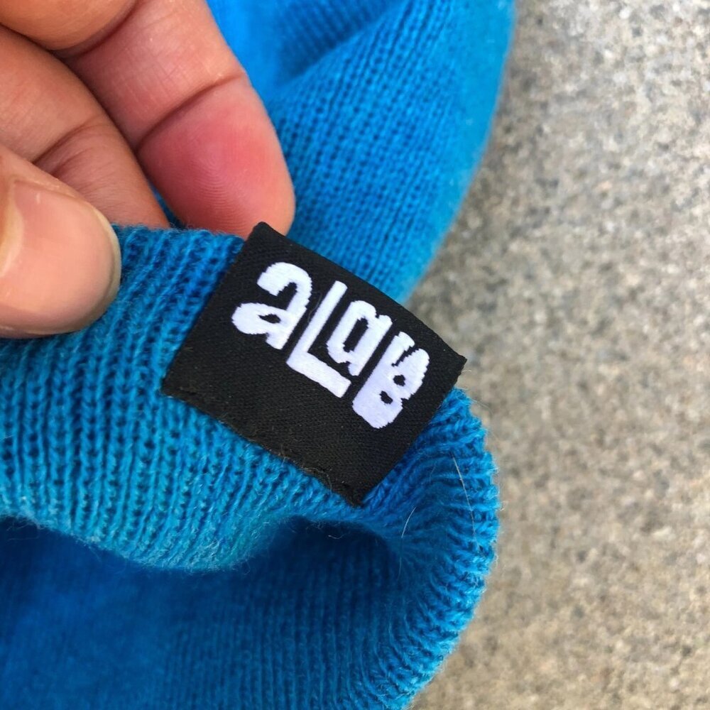 ALAB Pom Beanie Happy Face Mushrooms Hat Cap Blue Ribbed Winter Brand New - Picture 5 of 7
